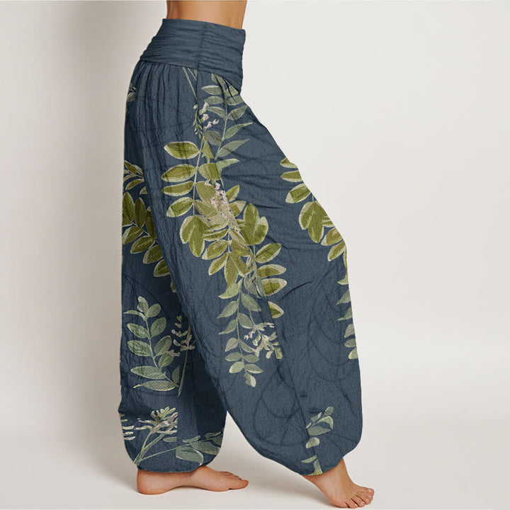 Pantalon sarouel taille élastique pour femme, motif Buddha Stones, pur coton, feuilles vertes et branches