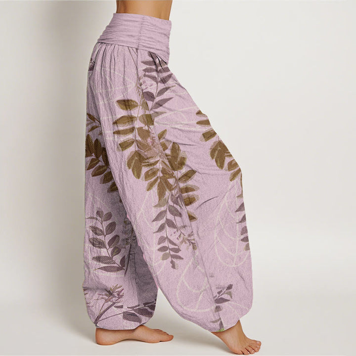 Pantalon sarouel taille élastique pour femme, motif Buddha Stones, pur coton, feuilles vertes et branches