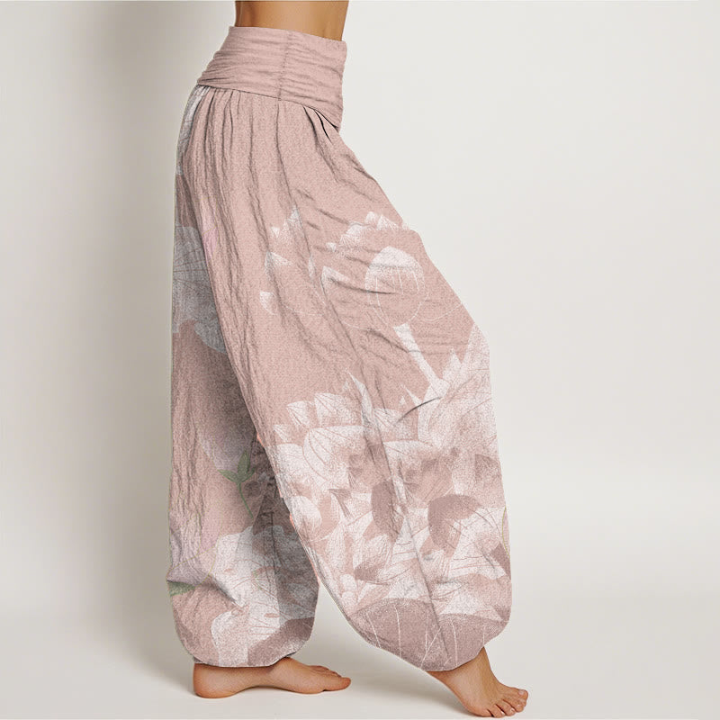 Pantalon sarouel femme taille élastique en pur coton rose et blanc motif lotus Buddha Stones