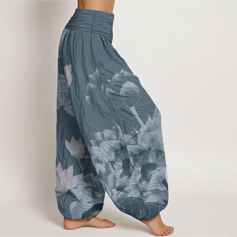 Pantalon sarouel femme taille élastique en pur coton rose et blanc motif lotus Buddha Stones