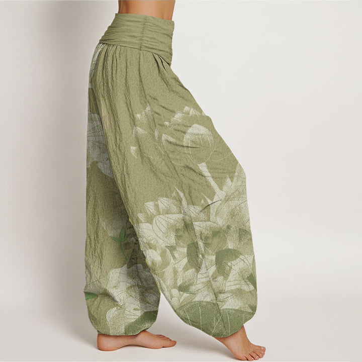 Pantalon sarouel femme taille élastique en pur coton rose et blanc motif lotus Buddha Stones