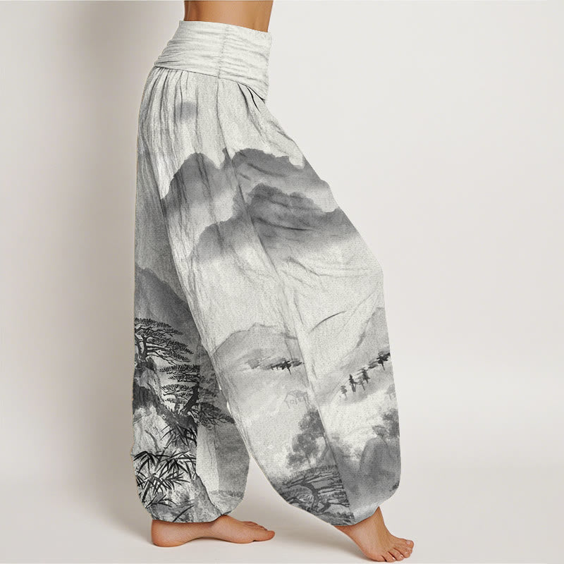 Pantalon sarouel taille élastique pour femme, motif Buddha Stones, pur coton, montagnes, arbres, paysage, peinture à l'encre