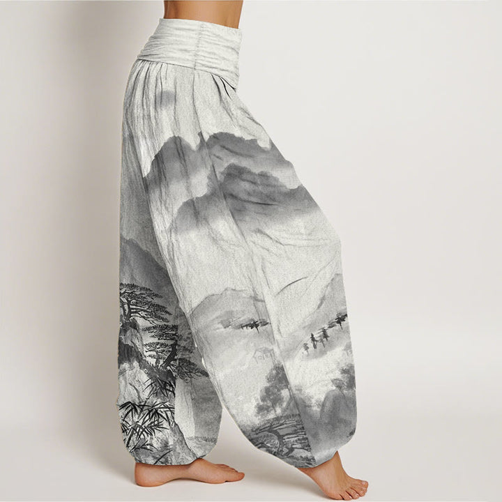 Pantalon sarouel taille élastique pour femme, motif Buddha Stones, pur coton, montagnes, arbres, paysage, peinture à l'encre