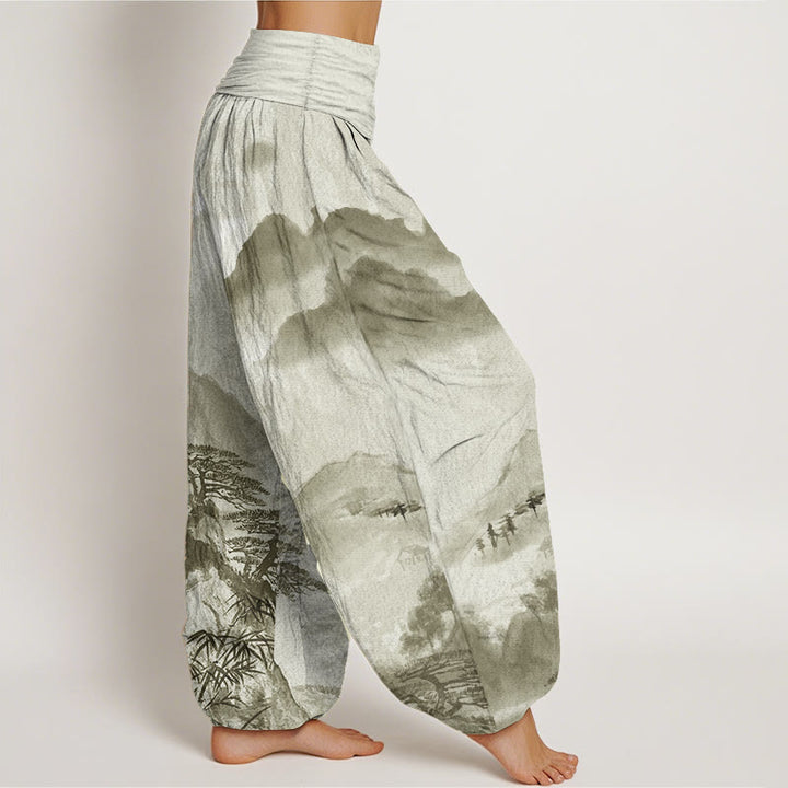Pantalon sarouel taille élastique pour femme, motif Buddha Stones, pur coton, montagnes, arbres, paysage, peinture à l'encre