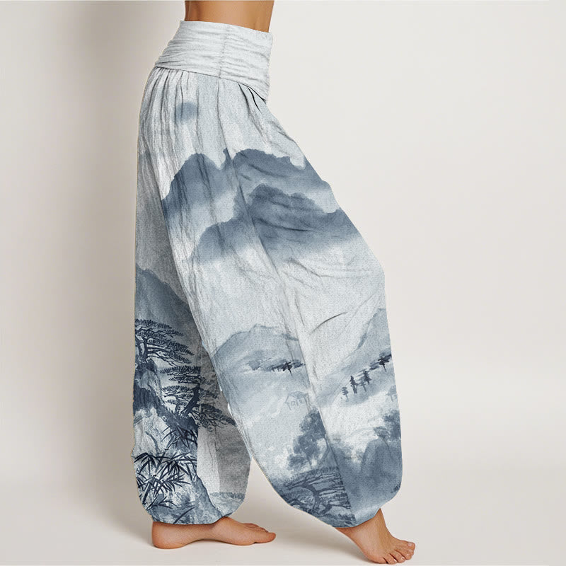 Pantalon sarouel taille élastique pour femme, motif Buddha Stones, pur coton, montagnes, arbres, paysage, peinture à l'encre