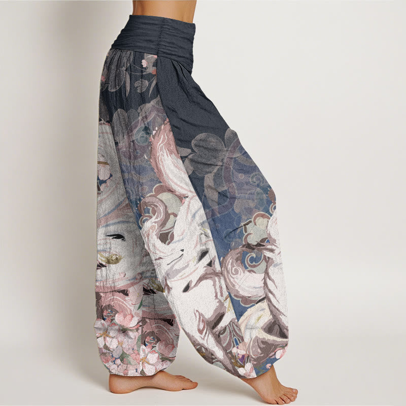 Pantalon sarouel taille élastique pour femme en pur coton motif renard et fleurs de cerisier Buddha Stones