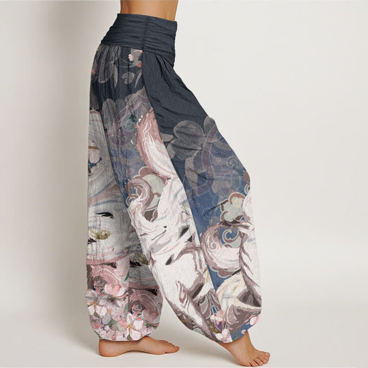 Pantalon sarouel taille élastique pour femme en pur coton motif renard et fleurs de cerisier Buddha Stones