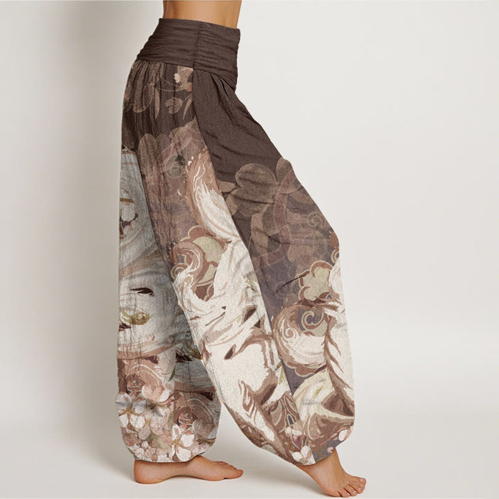 Pantalon sarouel taille élastique pour femme en pur coton motif renard et fleurs de cerisier Buddha Stones