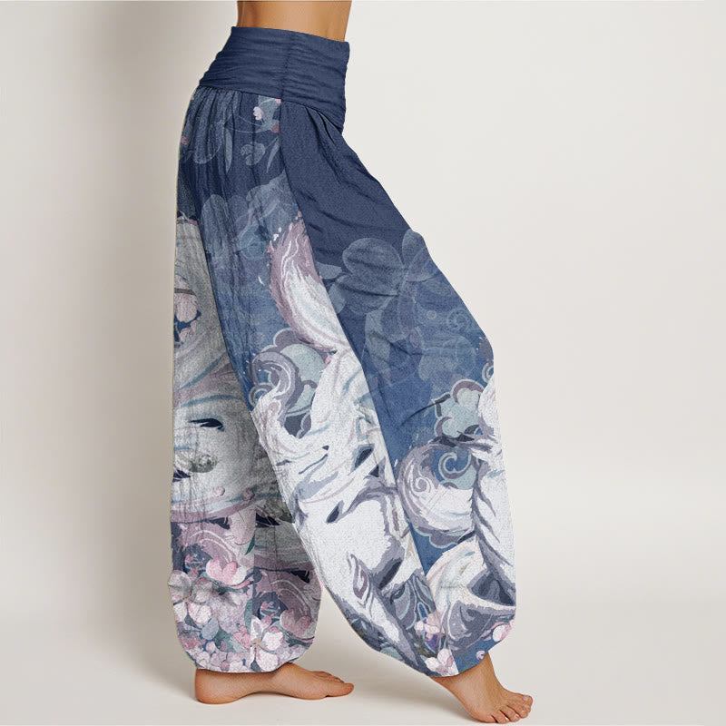 Pantalon sarouel taille élastique pour femme en pur coton motif renard et fleurs de cerisier Buddha Stones