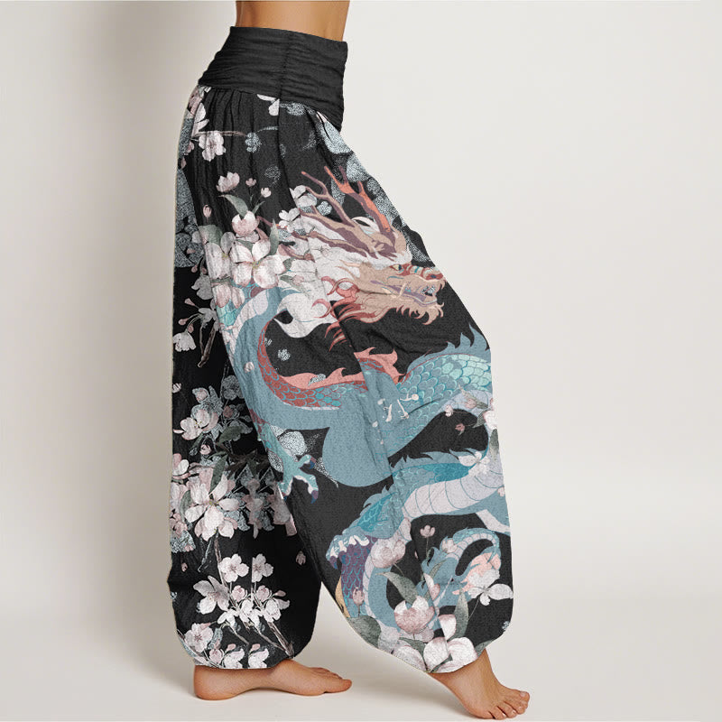 Pantalon Buddha Stones décontracté en pur coton avec motif de dragon et de fleurs de cerisier pour femme, taille élastique
