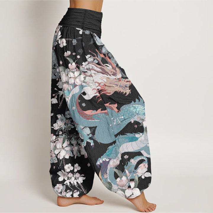 Pantalon Buddha Stones décontracté en pur coton avec motif de dragon et de fleurs de cerisier pour femme, taille élastique