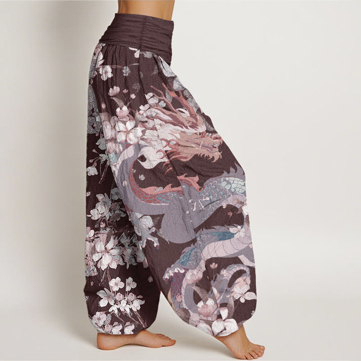 Pantalon Buddha Stones décontracté en pur coton avec motif de dragon et de fleurs de cerisier pour femme, taille élastique