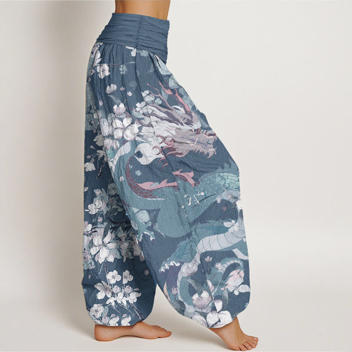 Pantalon Buddha Stones décontracté en pur coton avec motif de dragon et de fleurs de cerisier pour femme, taille élastique