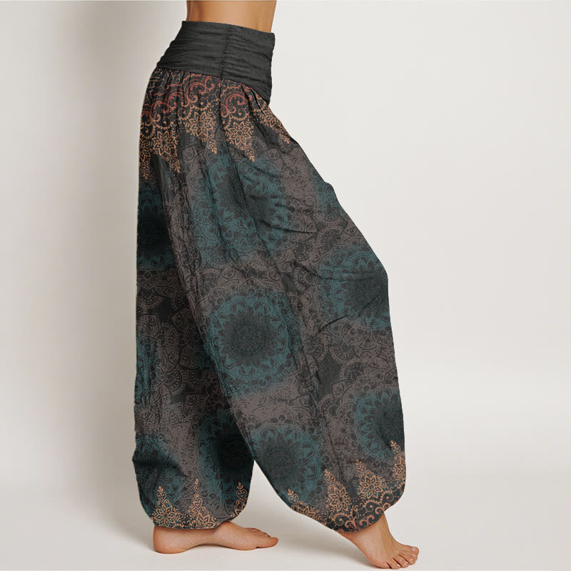 Pantalon sarouel femme en pur coton à motifs mandalas triangulaires et Buddha Stones, taille élastique