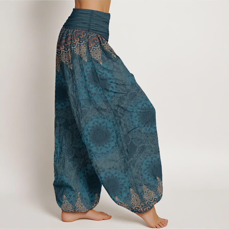Pantalon sarouel femme en pur coton à motifs mandalas triangulaires et Buddha Stones, taille élastique