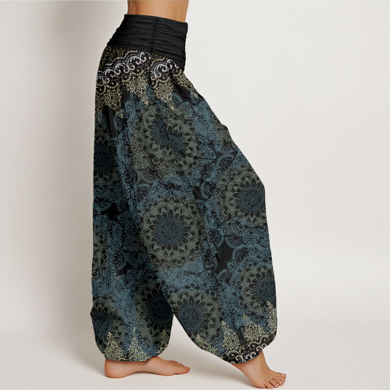 Pantalon sarouel femme en pur coton à motifs mandalas triangulaires et Buddha Stones, taille élastique
