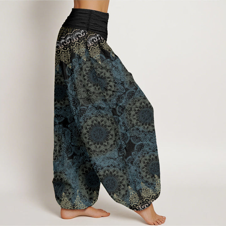 Pantalon sarouel femme en pur coton à motifs mandalas triangulaires et Buddha Stones, taille élastique