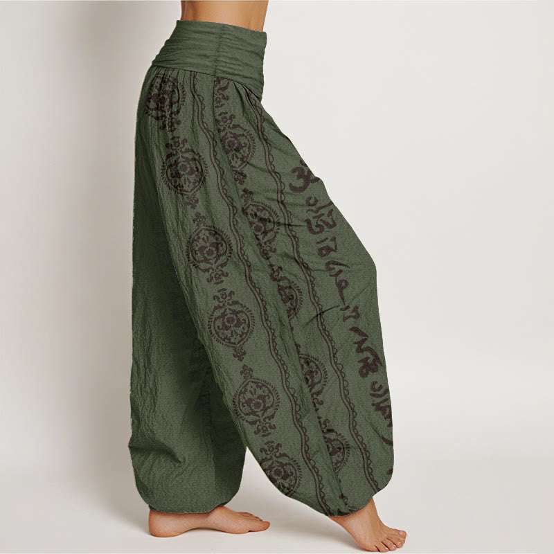 Pantalon sarouel femme taille élastique motif Buddha Stones en pur coton Mandala Om Mani Padme Hum