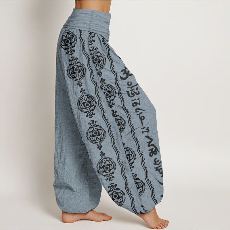 Pantalon sarouel femme taille élastique motif Buddha Stones en pur coton Mandala Om Mani Padme Hum