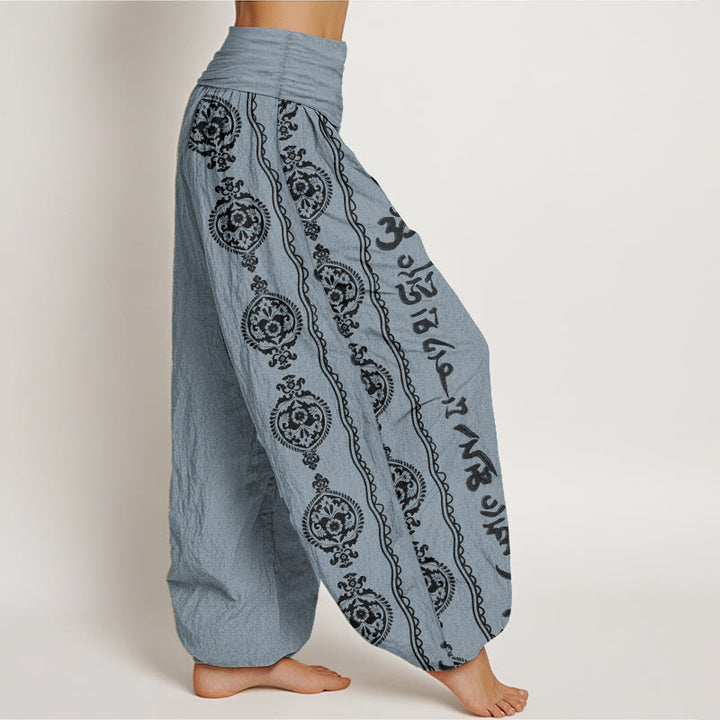 Pantalon sarouel femme taille élastique motif Buddha Stones en pur coton Mandala Om Mani Padme Hum