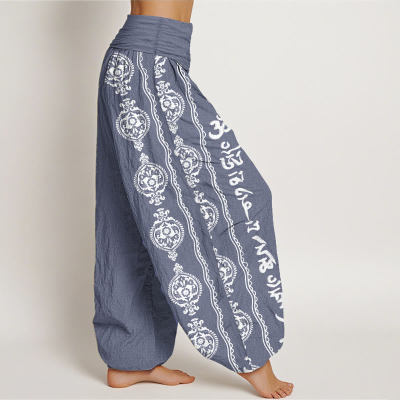 Pantalon sarouel femme taille élastique motif Buddha Stones en pur coton Mandala Om Mani Padme Hum