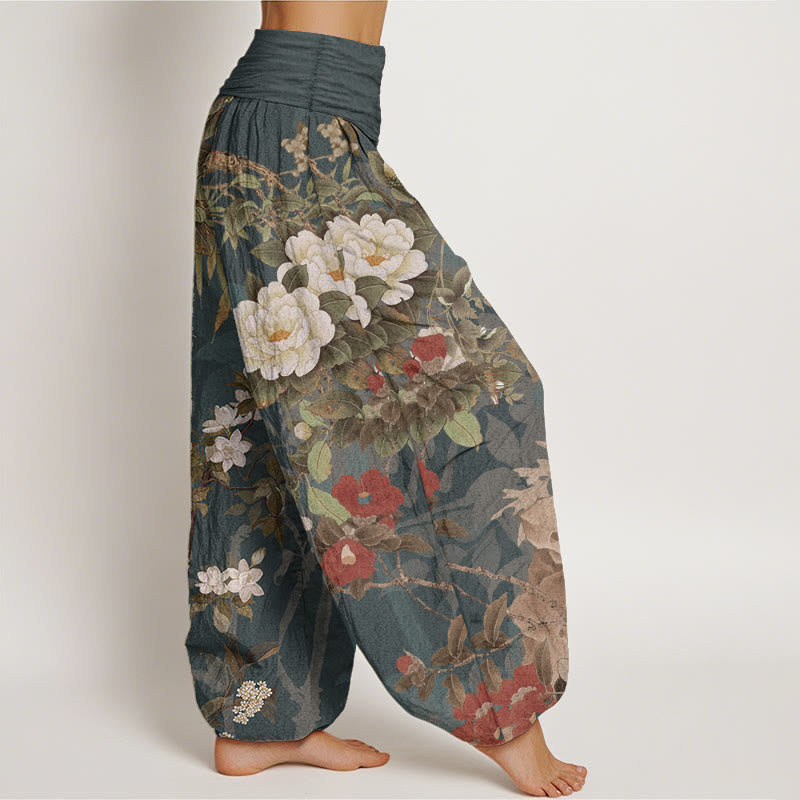 Pantalon sarouel décontracté en pur coton avec Buddha Stones , motif fleurs de pivoine et feuilles de pie, taille élastique pour femme