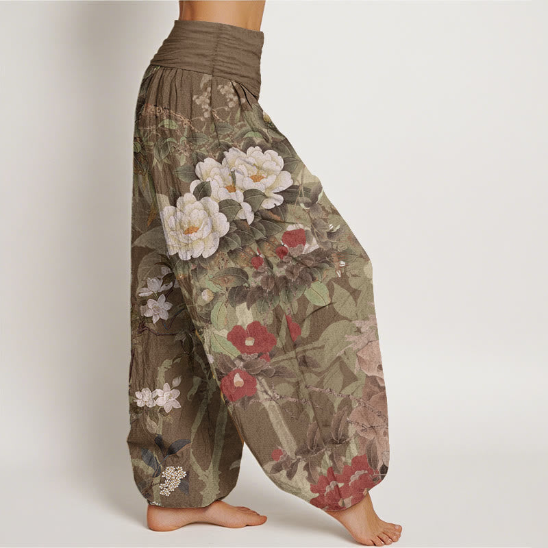 Pantalon sarouel décontracté en pur coton avec Buddha Stones , motif fleurs de pivoine et feuilles de pie, taille élastique pour femme