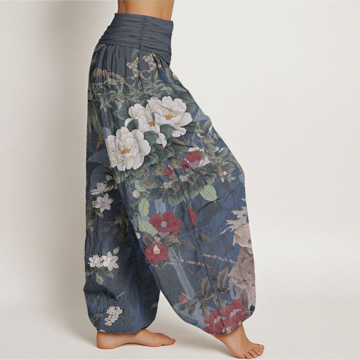 Pantalon sarouel décontracté en pur coton avec Buddha Stones , motif fleurs de pivoine et feuilles de pie, taille élastique pour femme