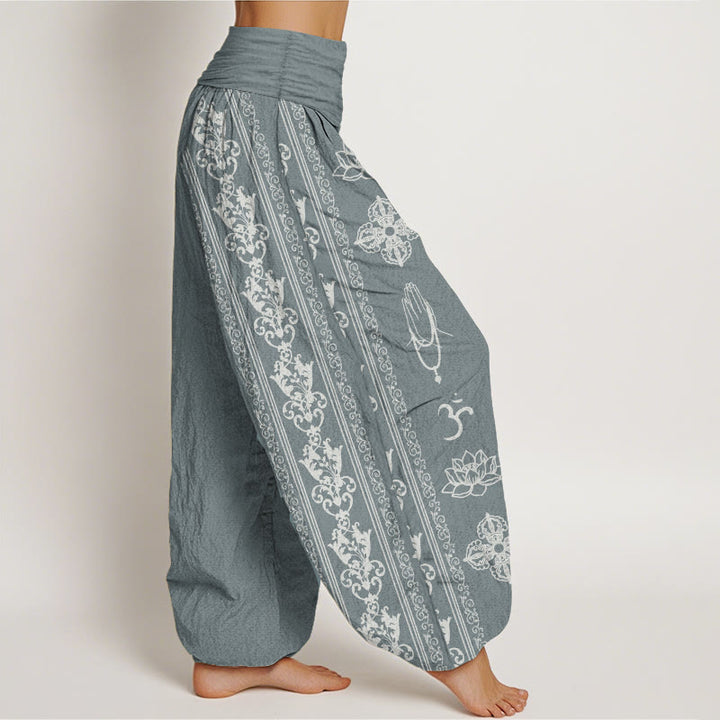 Pantalon sarouel taille élastique pour femme, motif Buddha Stones, pur coton, fleurs de lotus, double Dorje, Vajra, Namaste, Om