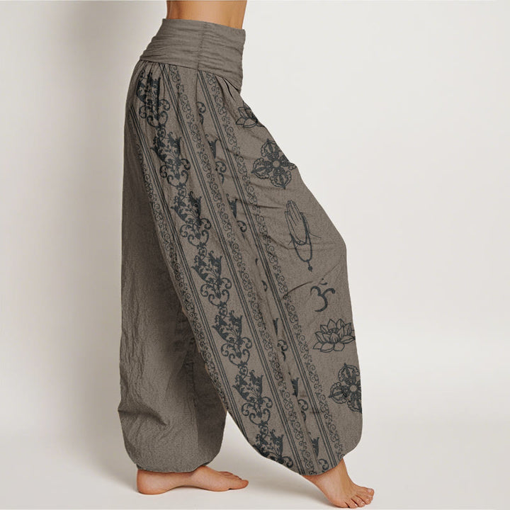 Pantalon sarouel taille élastique pour femme, motif Buddha Stones, pur coton, fleurs de lotus, double Dorje, Vajra, Namaste, Om
