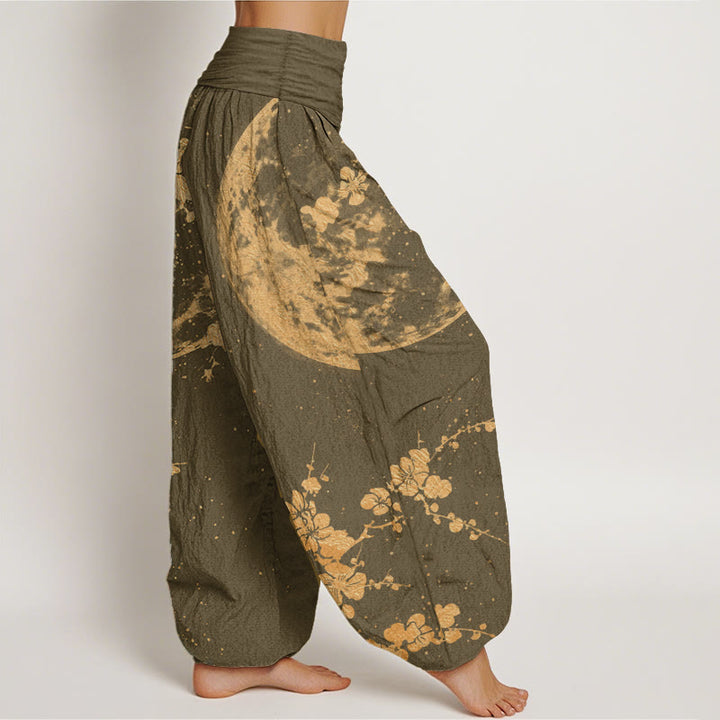Pantalon Buddha Stones taille élastique pour femme en pur coton avec motif de fleurs de prunier dorées et de pleine lune