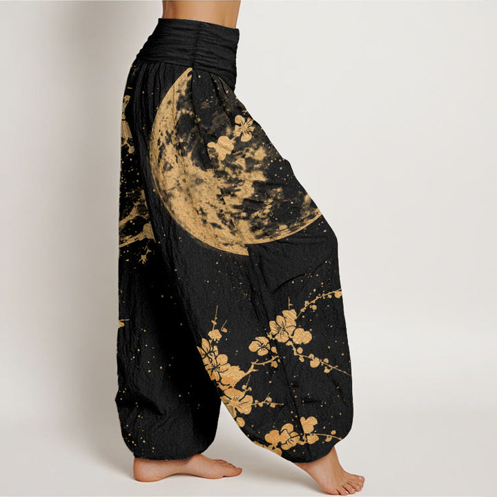 Pantalon Buddha Stones taille élastique pour femme en pur coton avec motif de fleurs de prunier dorées et de pleine lune