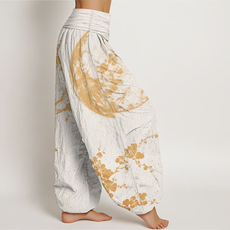 Pantalon Buddha Stones taille élastique pour femme en pur coton avec motif de fleurs de prunier dorées et de pleine lune