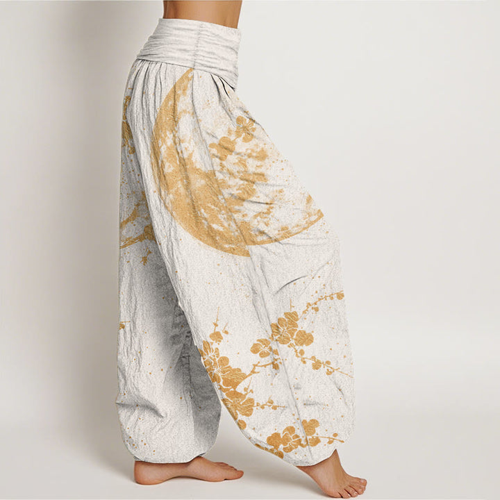 Pantalon Buddha Stones taille élastique pour femme en pur coton avec motif de fleurs de prunier dorées et de pleine lune