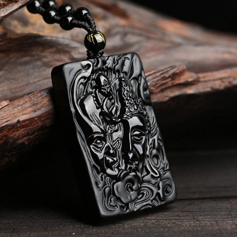 Buddha Stones pendentif en obsidienne noire naturelle avec motif de diable et de Bouddha