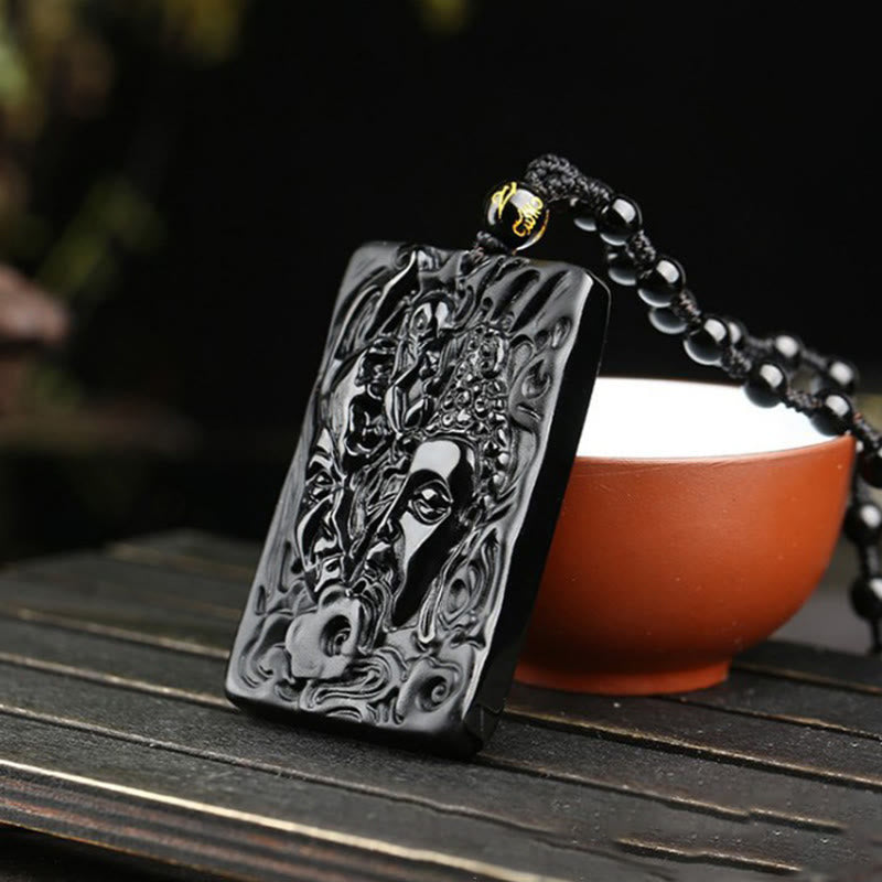 Buddha Stones pendentif en obsidienne noire naturelle avec motif de diable et de Bouddha