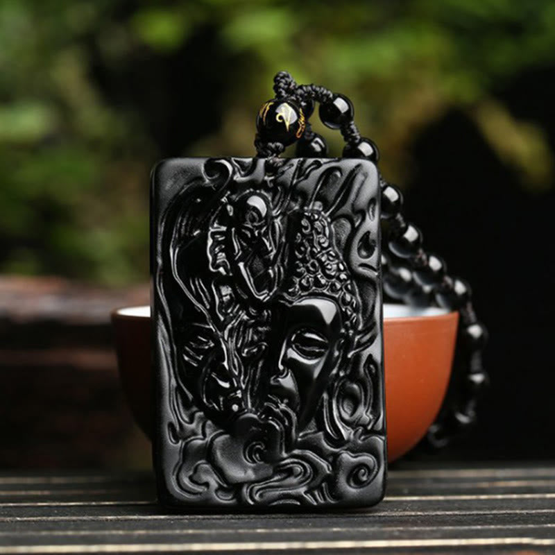 Buddha Stones pendentif en obsidienne noire naturelle avec motif de diable et de Bouddha