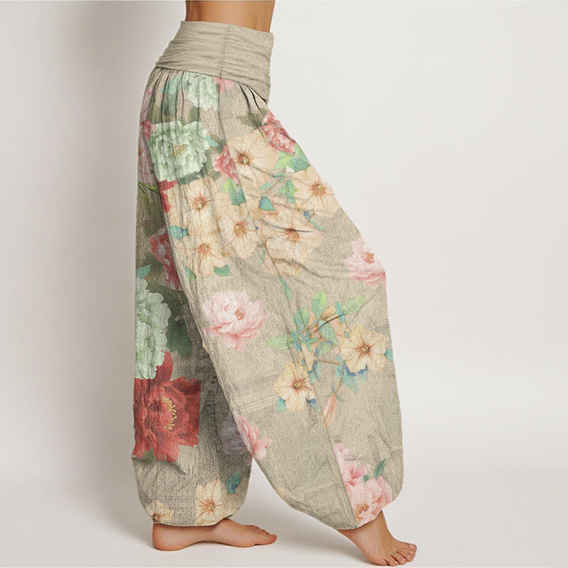 Pantalon Buddha Stones décontracté en pur coton avec motif pivoine et taille élastique pour femme