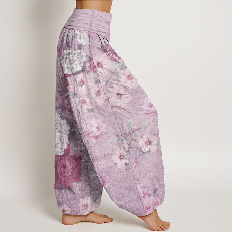 Pantalon Buddha Stones décontracté en pur coton avec motif pivoine et taille élastique pour femme
