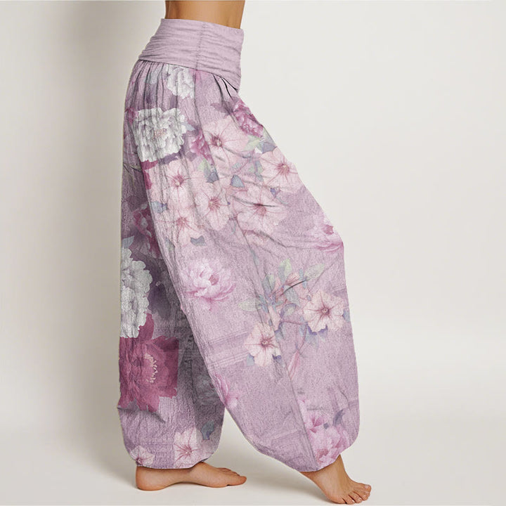 Pantalon Buddha Stones décontracté en pur coton avec motif pivoine et taille élastique pour femme