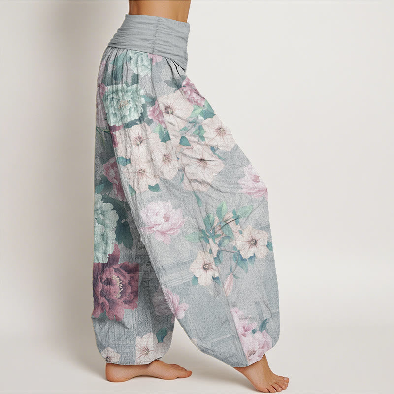 Pantalon Buddha Stones décontracté en pur coton avec motif pivoine et taille élastique pour femme