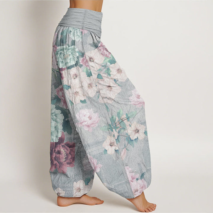 Pantalon Buddha Stones décontracté en pur coton avec motif pivoine et taille élastique pour femme