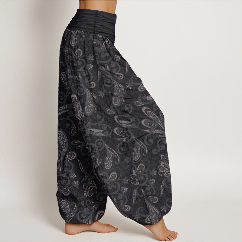 Pantalon sarouel décontracté en pur coton avec motif de pétales de fleurs et Buddha Stones pour femme, taille élastique