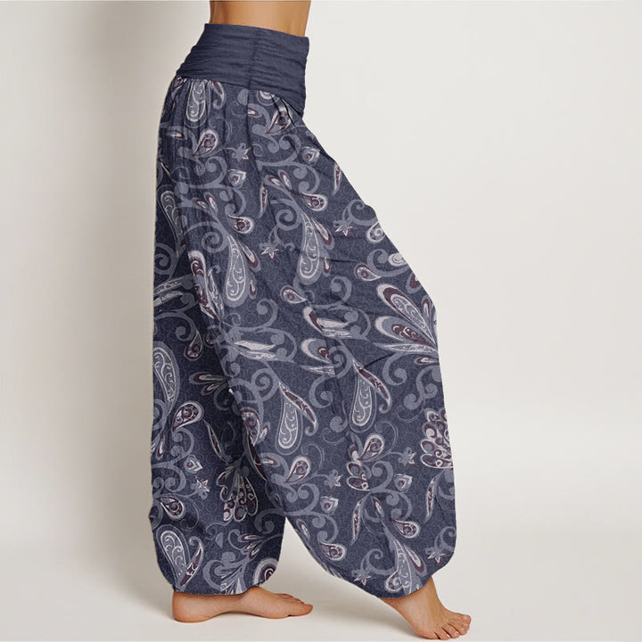 Pantalon sarouel décontracté en pur coton avec motif de pétales de fleurs et Buddha Stones pour femme, taille élastique
