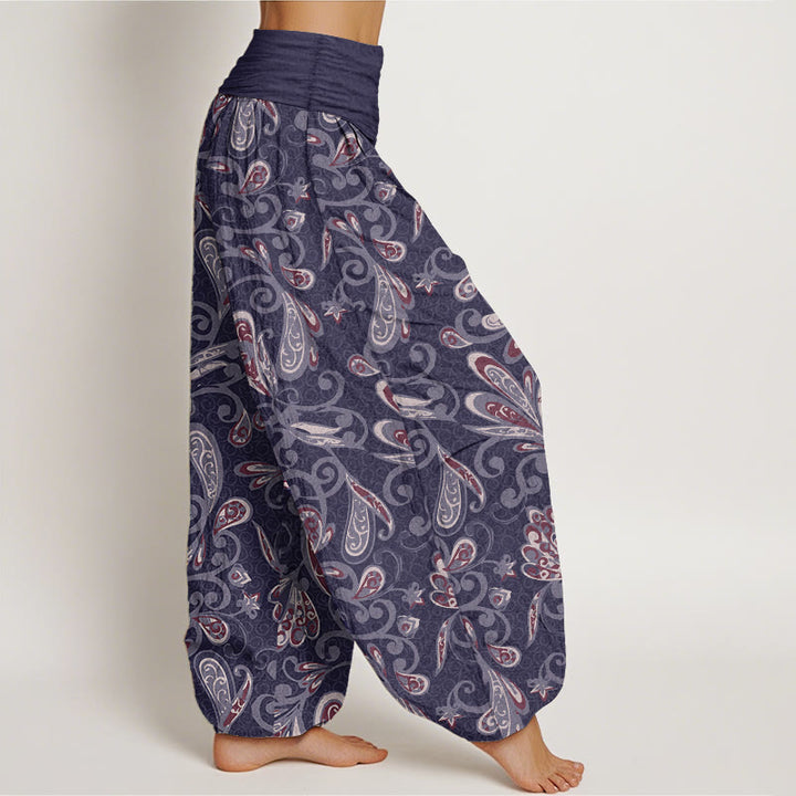Pantalon sarouel décontracté en pur coton avec motif de pétales de fleurs et Buddha Stones pour femme, taille élastique