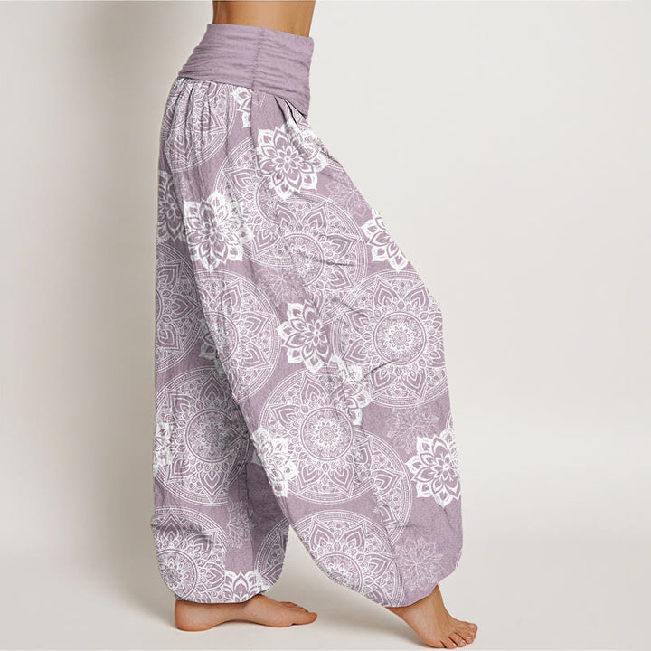 Pantalon Buddha Stones en pur coton avec motif de fleurs mandalas rondes et taille élastique pour femme