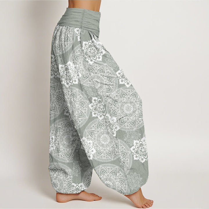 Pantalon Buddha Stones en pur coton avec motif de fleurs mandalas rondes et taille élastique pour femme