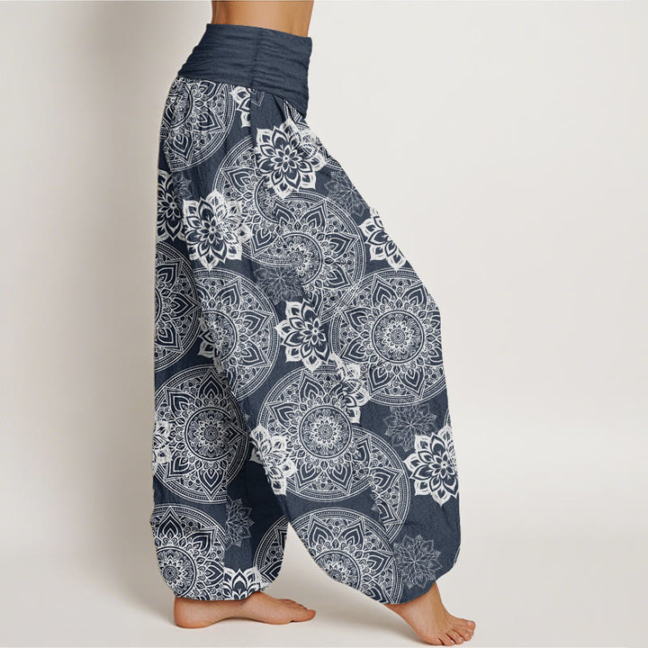 Pantalon Buddha Stones en pur coton avec motif de fleurs mandalas rondes et taille élastique pour femme