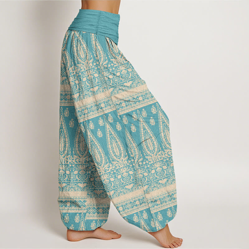 Pantalon sarouel décontracté en pur coton avec rayures et plumes pour femme, taille élastique, motif Buddha Stones