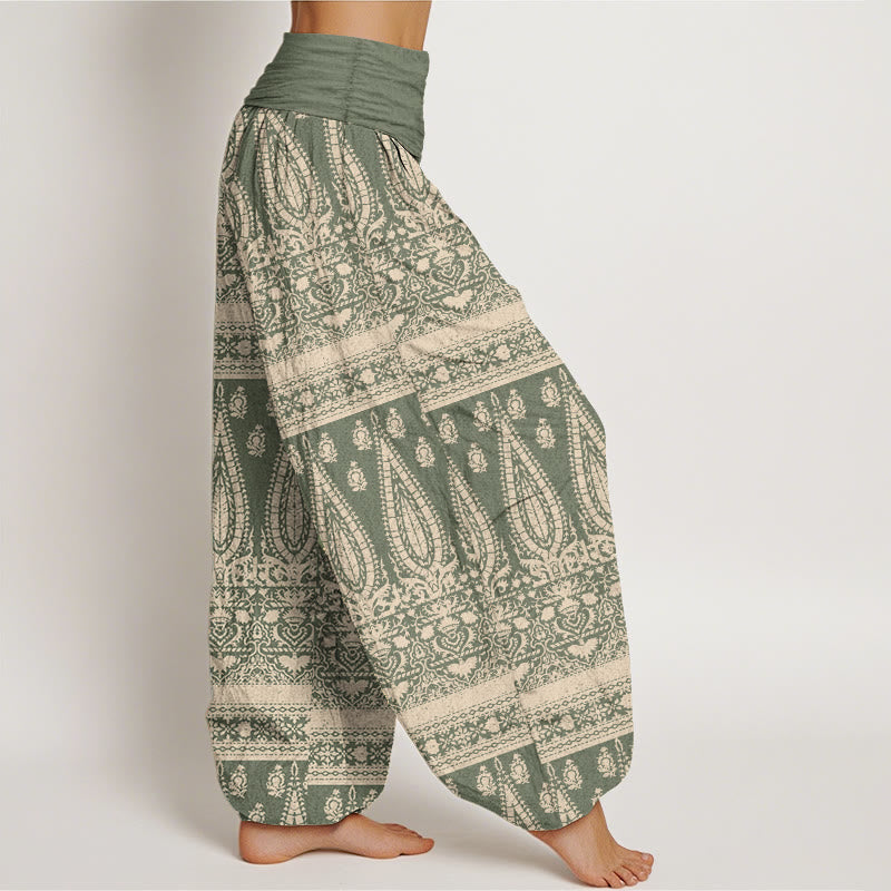 Pantalon sarouel décontracté en pur coton avec rayures et plumes pour femme, taille élastique, motif Buddha Stones